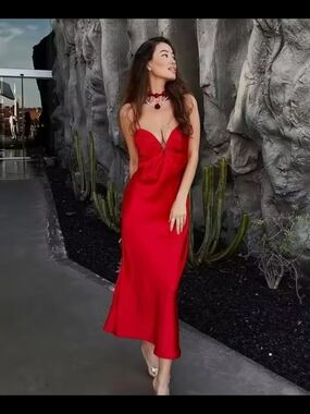 Zara Sweetheart Neck Scarlet Red Satin Slip Dress
